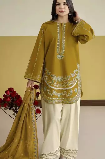 Mustard silk blend semi stitched suit with embroidery work