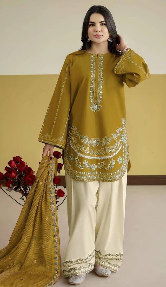 Mustard silk blend semi stitched suit with embroidery work