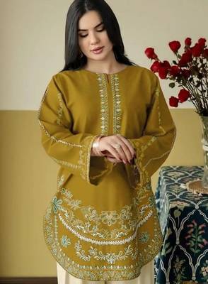 Mustard silk blend semi stitched suit with embroidery work 2
