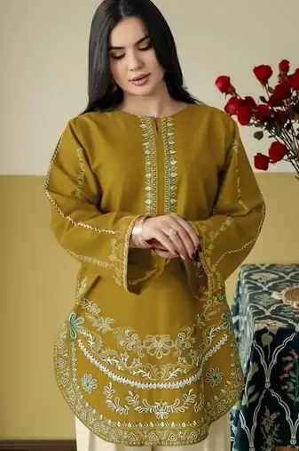 Mustard silk blend semi stitched suit with embroidery work