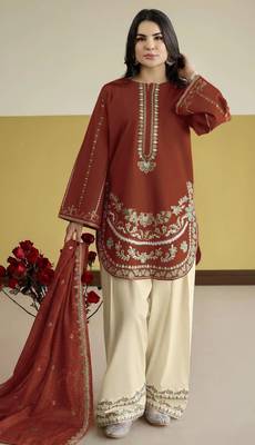 Red silk blend semi stitched suit with embroidery work 1