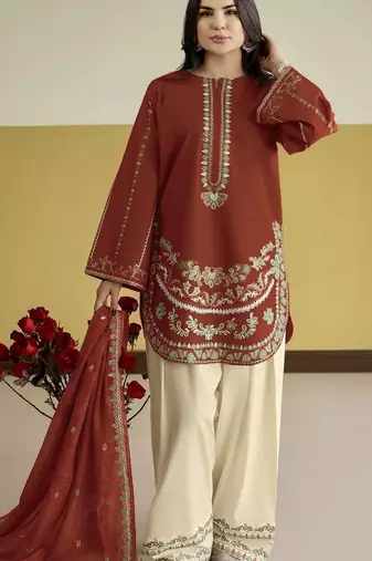 Red silk blend semi stitched suit with embroidery work