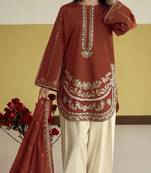Red silk blend semi stitched suit with embroidery work