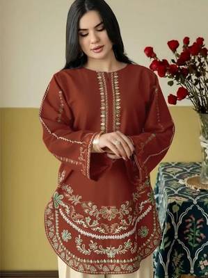 Red silk blend semi stitched suit with embroidery work 2