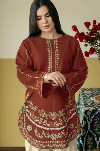 Red silk blend semi stitched suit with embroidery work