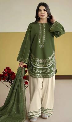 Green silk blend semi stitched suit with embroidery work 1