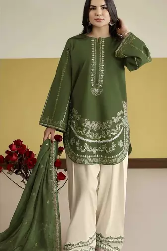 Green silk blend semi stitched suit with embroidery work