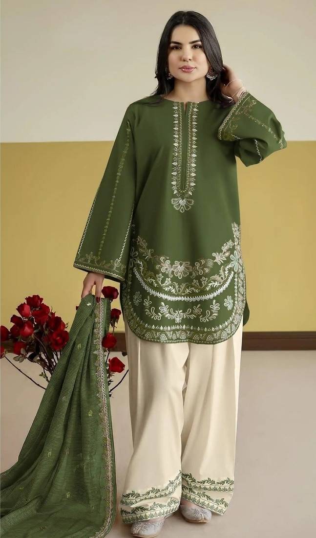 Green silk blend semi stitched suit with embroidery work
