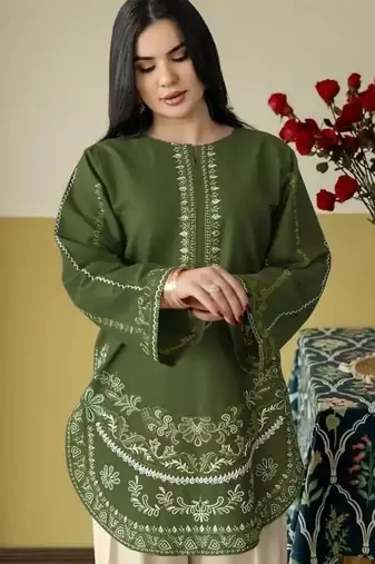 Green silk blend semi stitched suit with embroidery work