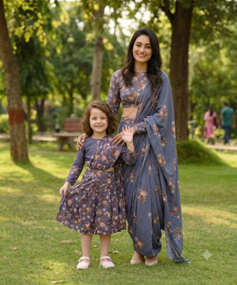 Blue Mother Daughter Fusion Saree Combo | Women's Pre-Stitched Lungi Saree & Girls Dhoti Saree Set 1