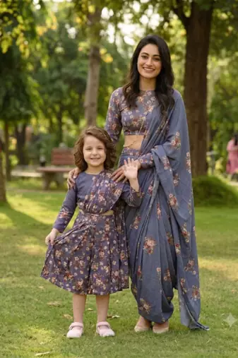 Blue Mother Daughter Fusion Saree Combo | Women's Pre-Stitched Lungi Saree & Girls Dhoti Saree Set