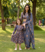 Blue Mother Daughter Fusion Saree Combo | Women's Pre-Stitched Lungi Saree & Girls Dhoti Saree Set