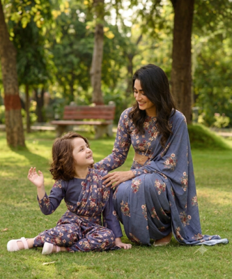 Blue Mother Daughter Fusion Saree Combo | Women's Pre-Stitched Lungi Saree & Girls Dhoti Saree Set 2