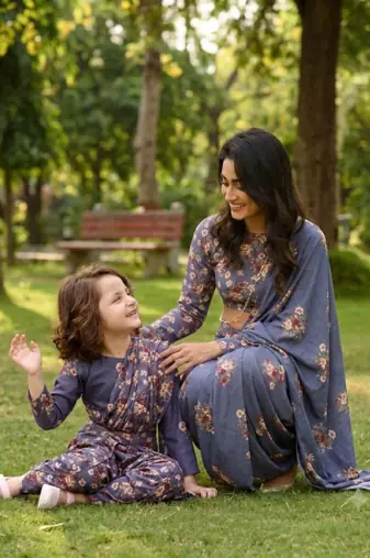 Blue Mother Daughter Fusion Saree Combo | Women's Pre-Stitched Lungi Saree & Girls Dhoti Saree Set