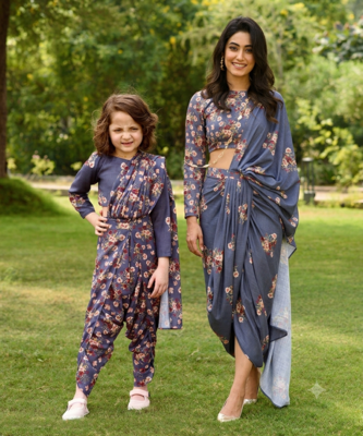 Blue Mother Daughter Fusion Saree Combo | Women's Pre-Stitched Lungi Saree & Girls Dhoti Saree Set 3