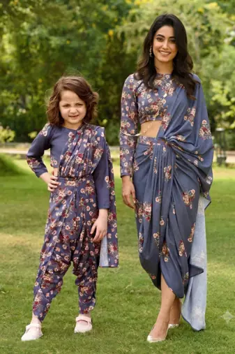 Blue Mother Daughter Fusion Saree Combo | Women's Pre-Stitched Lungi Saree & Girls Dhoti Saree Set