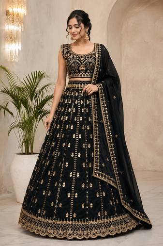 black color Embroidery Work Dori Heavy Sequins Work Crape Silk blend Lehenga Choli Set