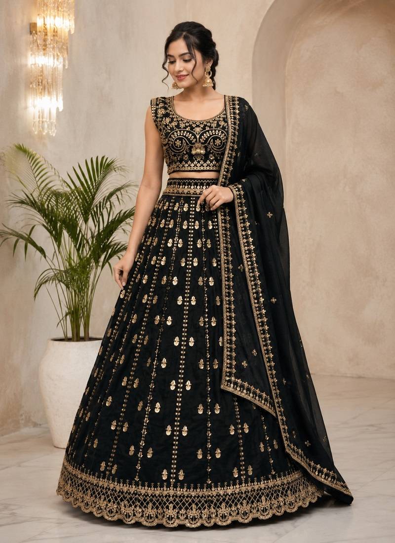black color Embroidery Work Dori Heavy Sequins Work Crape Silk blend Lehenga Choli Set