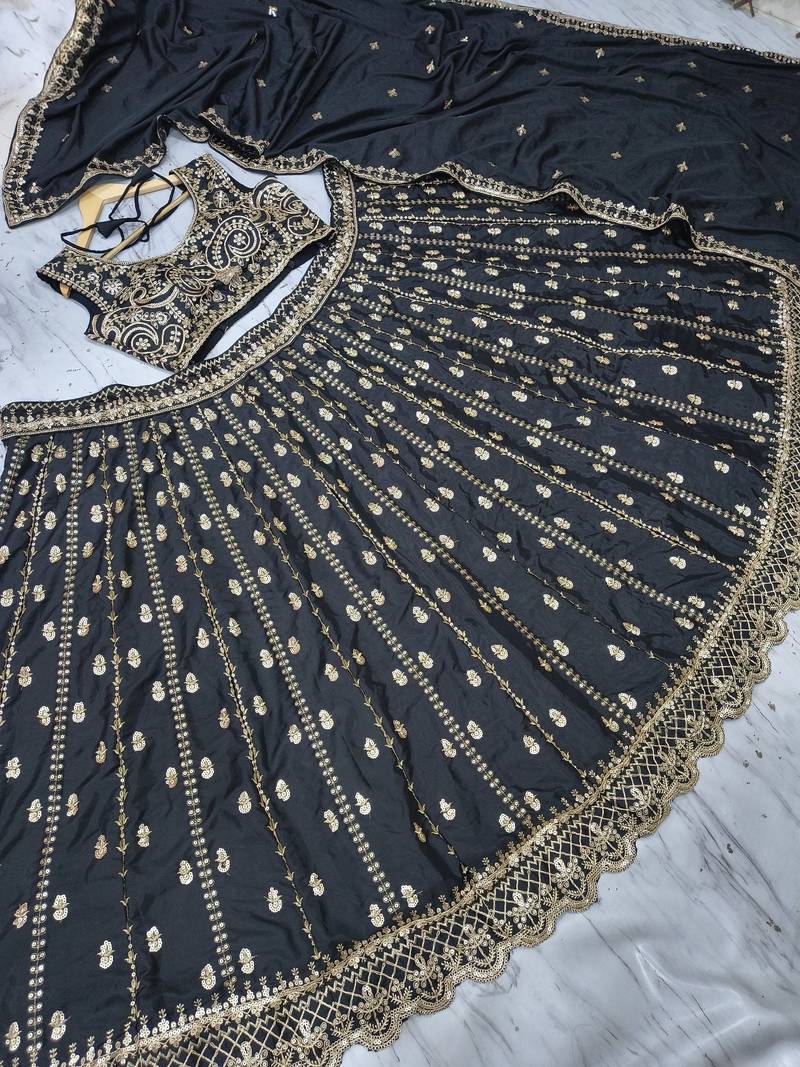black color Embroidery Work Dori Heavy Sequins Work Crape Silk blend Lehenga Choli Set