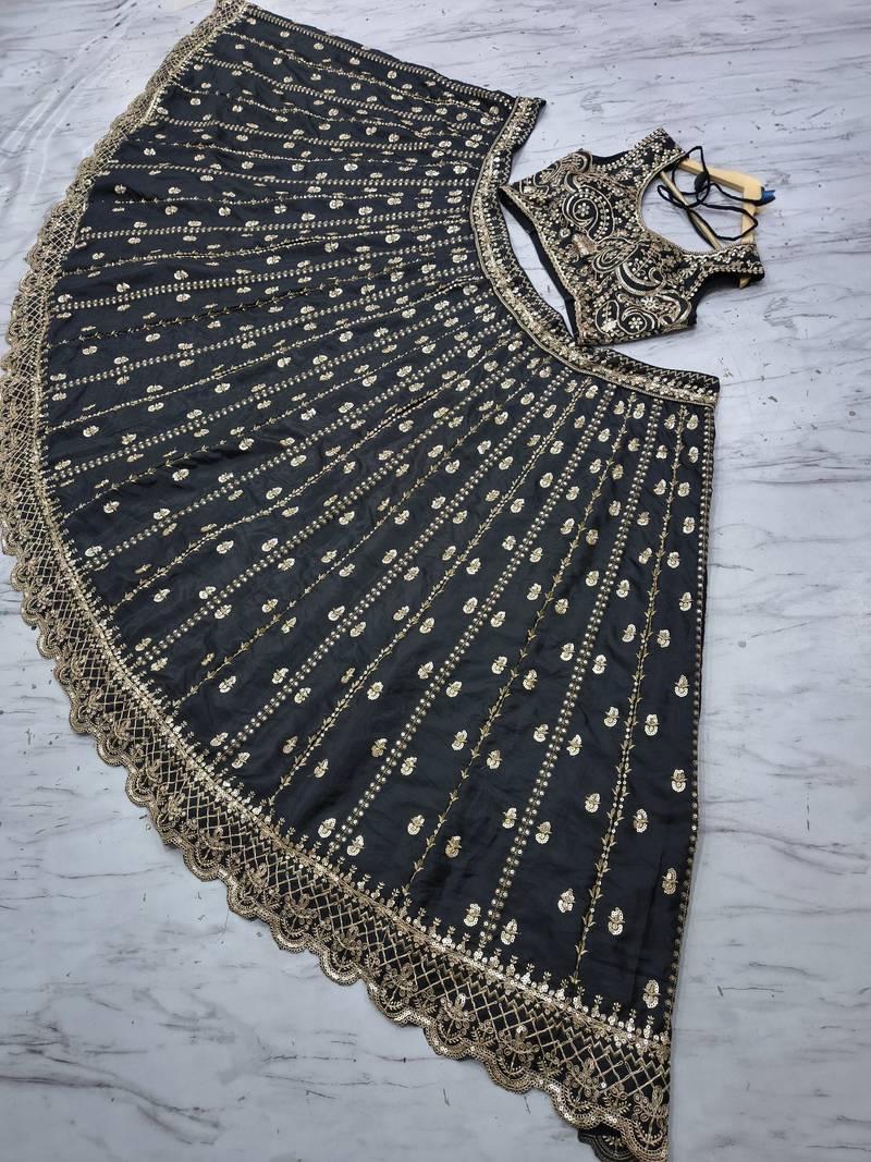 black color Embroidery Work Dori Heavy Sequins Work Crape Silk blend Lehenga Choli Set