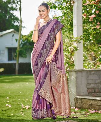 Women dusty mauve silk blend banarasi jacquard woven saree with blouse 1