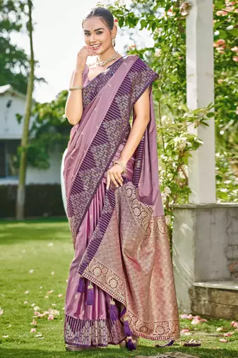 Women dusty mauve silk blend banarasi jacquard woven saree with blouse