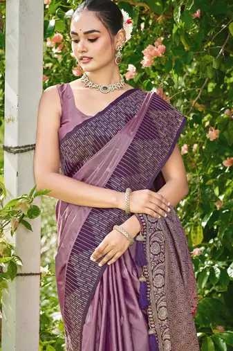 Women dusty mauve silk blend banarasi jacquard woven saree with blouse