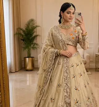 beige color Embroidery Cutwork Dori Heavy work Silk blend Lehenga Choli Set