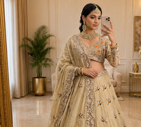 beige color Embroidery Cutwork Dori Heavy work Silk blend Lehenga Choli Set