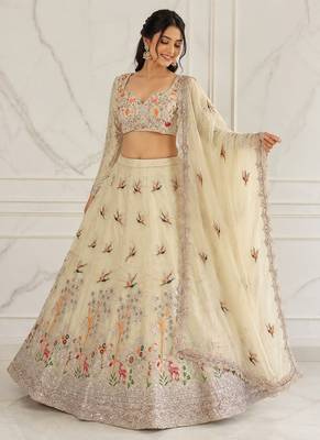 beige color Embroidery Cutwork Dori Heavy work Silk blend Lehenga Choli Set 1