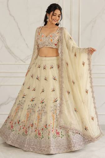 beige color Embroidery Cutwork Dori Heavy work Silk blend Lehenga Choli Set