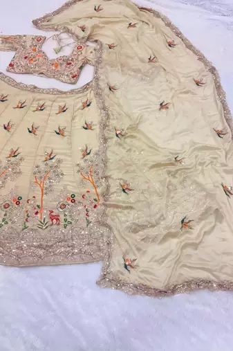 beige color Embroidery Cutwork Dori Heavy work Silk blend Lehenga Choli Set