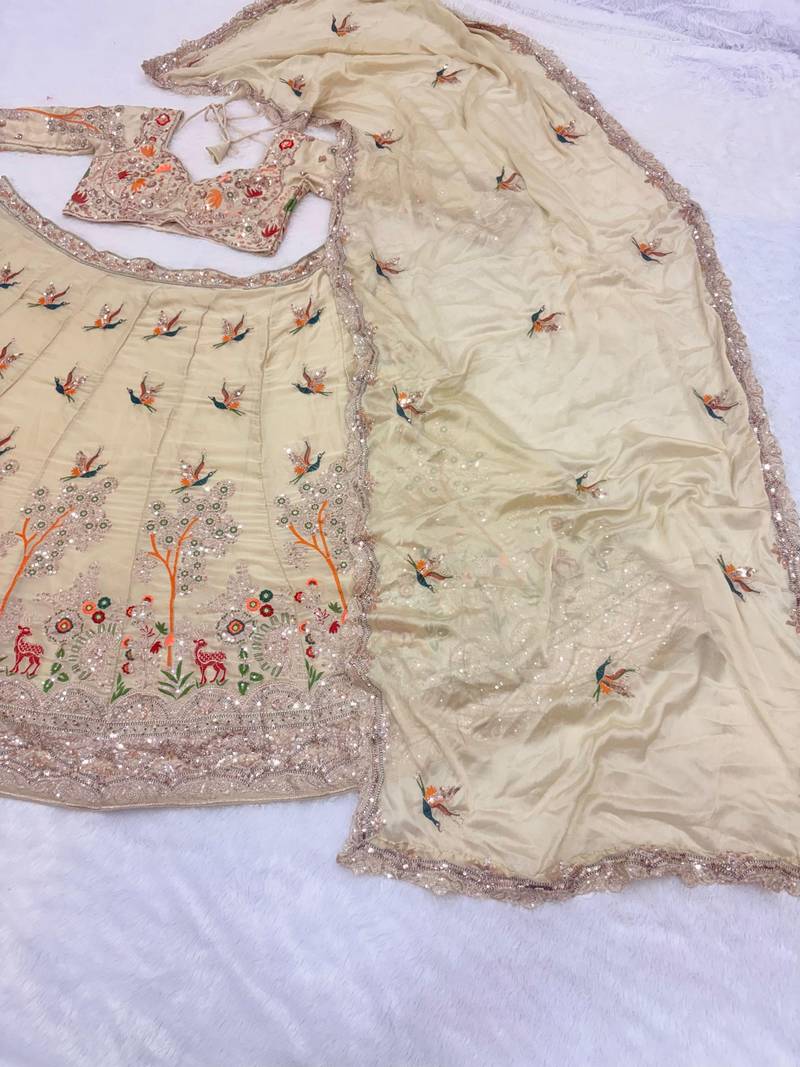 beige color Embroidery Cutwork Dori Heavy work Silk blend Lehenga Choli Set