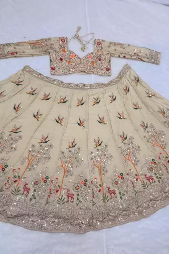 beige color Embroidery Cutwork Dori Heavy work Silk blend Lehenga Choli Set