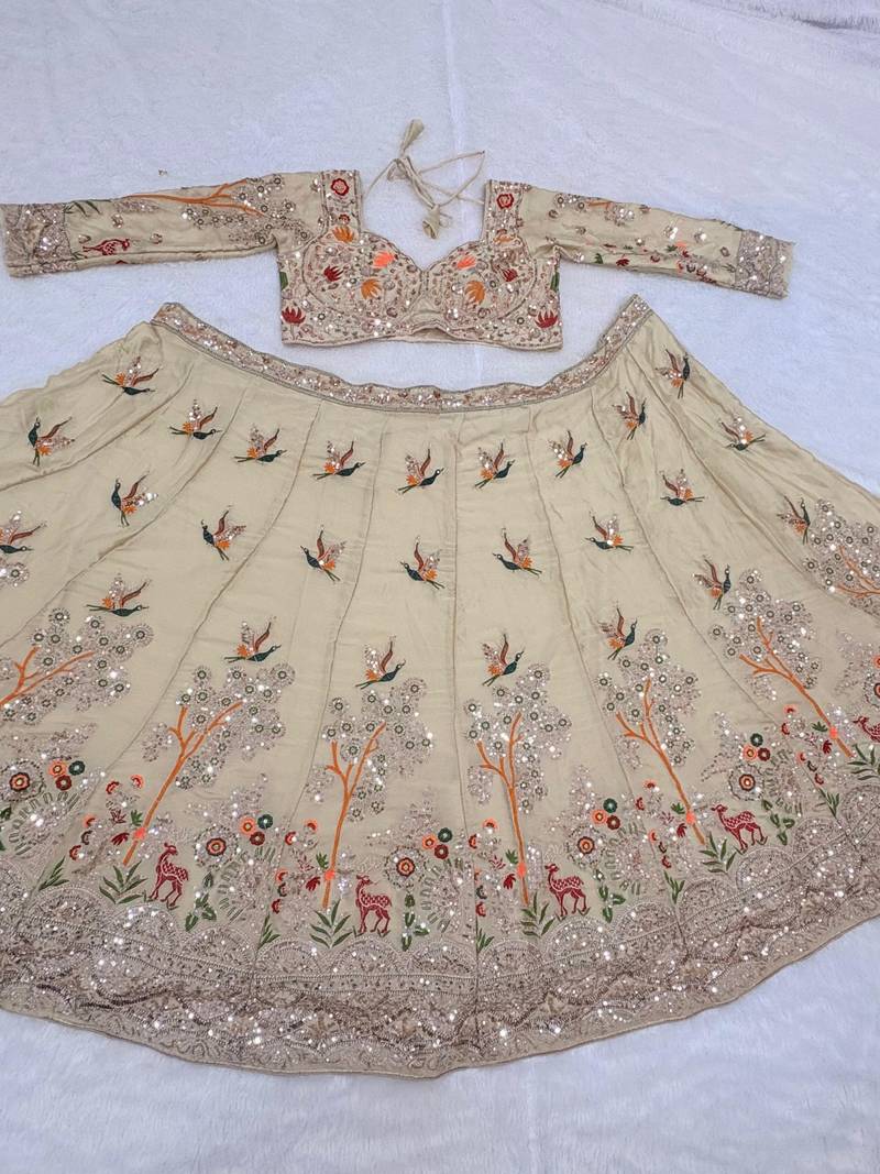 beige color Embroidery Cutwork Dori Heavy work Silk blend Lehenga Choli Set