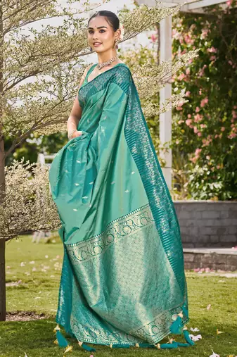 Women sea green silk blend banarasi jacquard woven saree with blouse