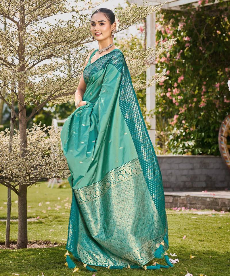 Women sea green silk blend banarasi jacquard woven saree with blouse