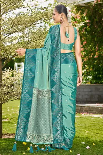 Women sea green silk blend banarasi jacquard woven saree with blouse