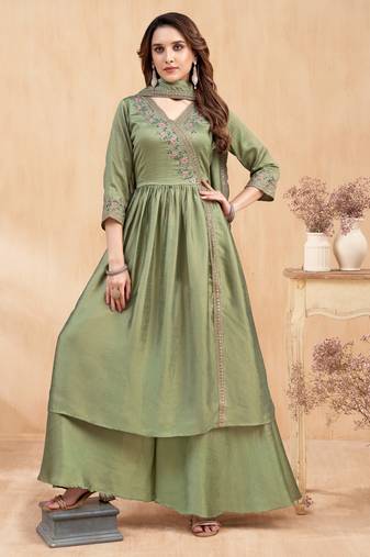 vichitra silk embroidery & sequins work angrakha style stitched kurta palazzo dupatta set for women