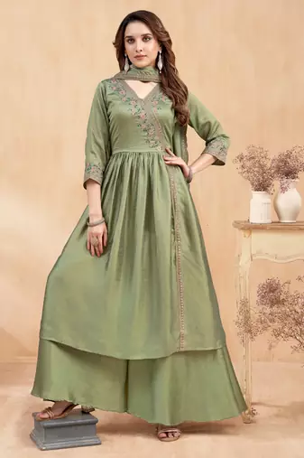 vichitra silk embroidery & sequins work angrakha style stitched kurta palazzo dupatta set for women