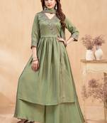 Vichitra silk embroidery & sequins work angrakha style stitched kurta palazzo dupatta set for women