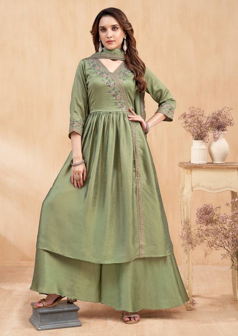 Vichitra silk embroidery & sequins work angrakha style stitched kurta palazzo dupatta set for women