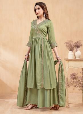 Vichitra silk embroidery & sequins work angrakha style stitched kurta palazzo dupatta set for women 2