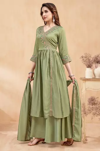 vichitra silk embroidery & sequins work angrakha style stitched kurta palazzo dupatta set for women