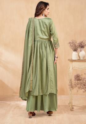 Vichitra silk embroidery & sequins work angrakha style stitched kurta palazzo dupatta set for women 3