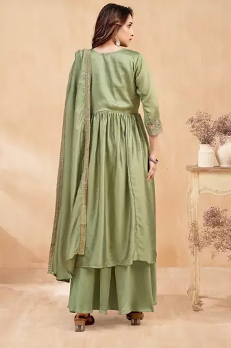 vichitra silk embroidery & sequins work angrakha style stitched kurta palazzo dupatta set for women