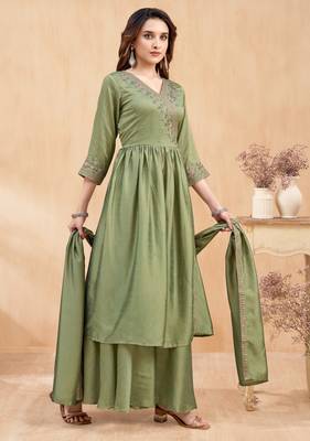 Vichitra silk embroidery & sequins work angrakha style stitched kurta palazzo dupatta set for women 4