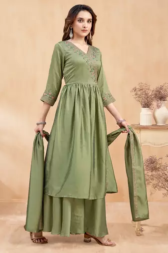 vichitra silk embroidery & sequins work angrakha style stitched kurta palazzo dupatta set for women