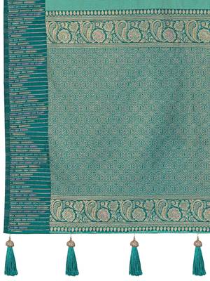 Women sea green silk blend banarasi jacquard woven saree with blouse 5