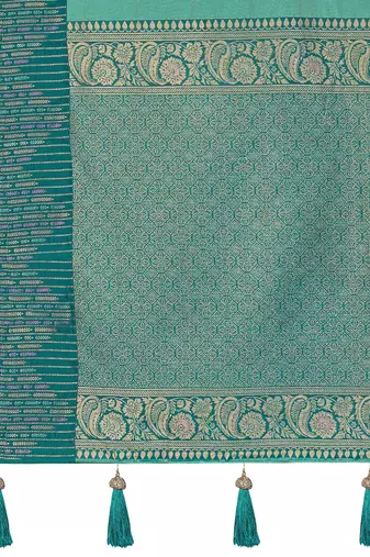 Women sea green silk blend banarasi jacquard woven saree with blouse